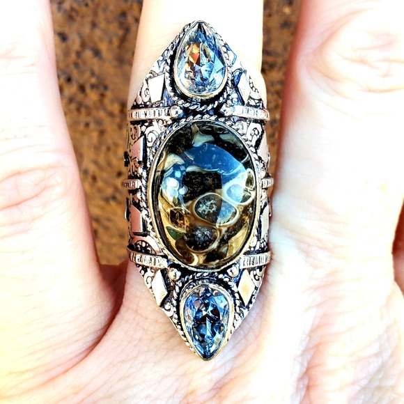 New Turtella Agate Fossil & White Topaz 925 Silver Statement Ring. - Picture 2 of 16